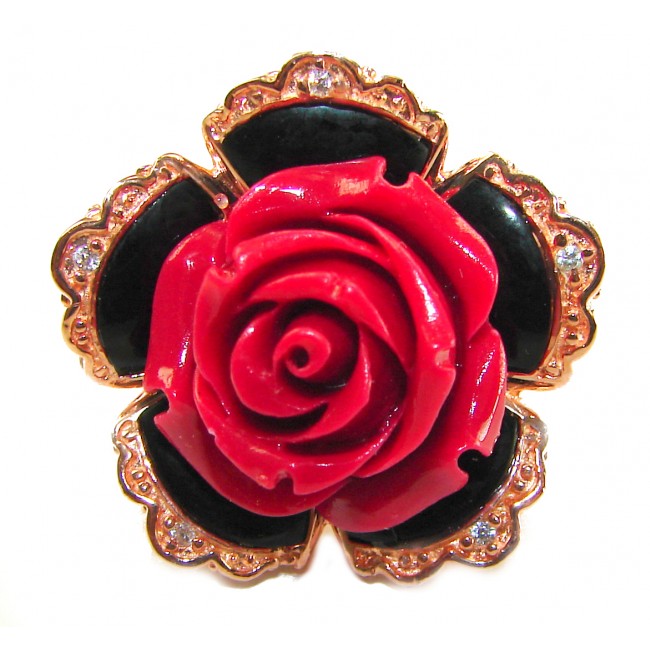 Enchanted Rose Genuine carved Coral 14K Gold over .925 Sterling Silver handcrafted ring s. 7 1/4