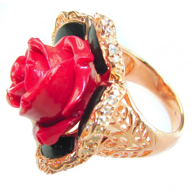 Enchanted Rose Genuine carved Coral 14K Gold over .925 Sterling Silver handcrafted ring s. 7 1/4