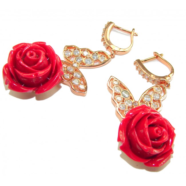 Enchanted Rose Genuine carved Coral 14K Rose Gold over .925 Sterling Silver handcrafted earrings