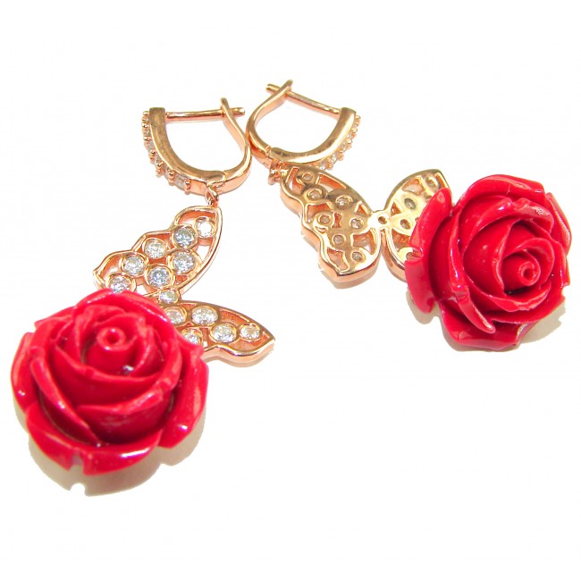 Enchanted Rose Genuine carved Coral 14K Rose Gold over .925 Sterling Silver handcrafted earrings
