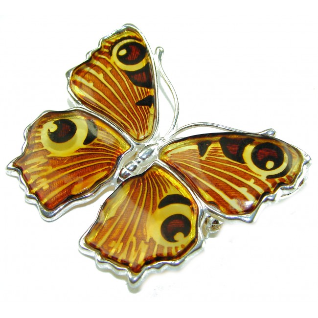 Large Golden Butterfly carved Baltic Polish Amber .925 Sterling Silver handcrafted Pendant / Brooch