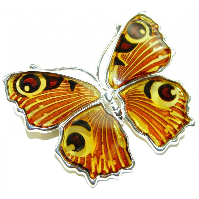 Large Golden Butterfly carved Baltic Polish Amber .925 Sterling Silver handcrafted Pendant / Brooch