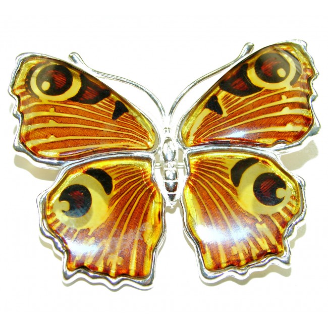 Large Golden Butterfly carved Baltic Polish Amber .925 Sterling Silver handcrafted Pendant / Brooch