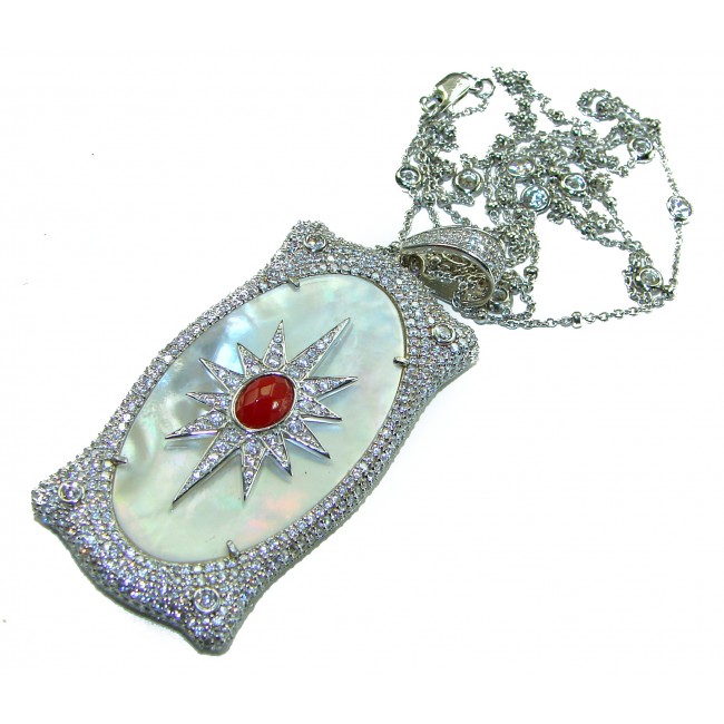 Precious Blister Pearl 2.4 carat Ruby .925 Sterling Silver .925 Sterling Silver Necklace; 24 inches long - Pendant detail with starburst ruby on sterling silver necklace.