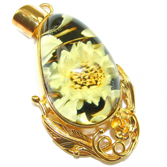 Wild Sunflowers Fabulous - carved natural Baltic Amber Sterling Silver dipped in 18K Gold handmade Pendant