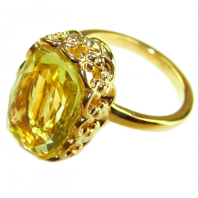 18.8 carat Genuine Lemon Quartz 14K Gold over .925 Sterling Silver handcrafted ring size 8 - Close-up of 18.8 carat lemon quartz ring in 14K gold over sterling silver.