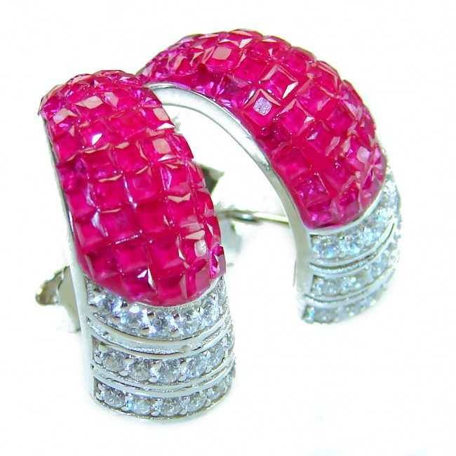 Real Beauty natural mystery setting 14.2 carat Ruby .925 Sterling Silver handcrafted earrings - Close-up of ruby and diamond 14.2 carat hoop earrings.