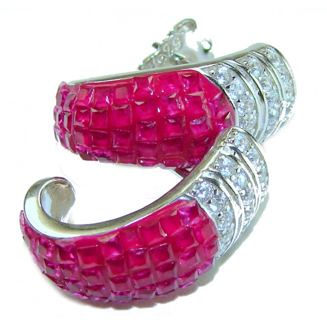 Real Beauty natural mystery setting 14.2 carat Ruby .925 Sterling Silver handcrafted earrings - Close-up of Real Beauty Ruby mystery setting earrings with diamonds