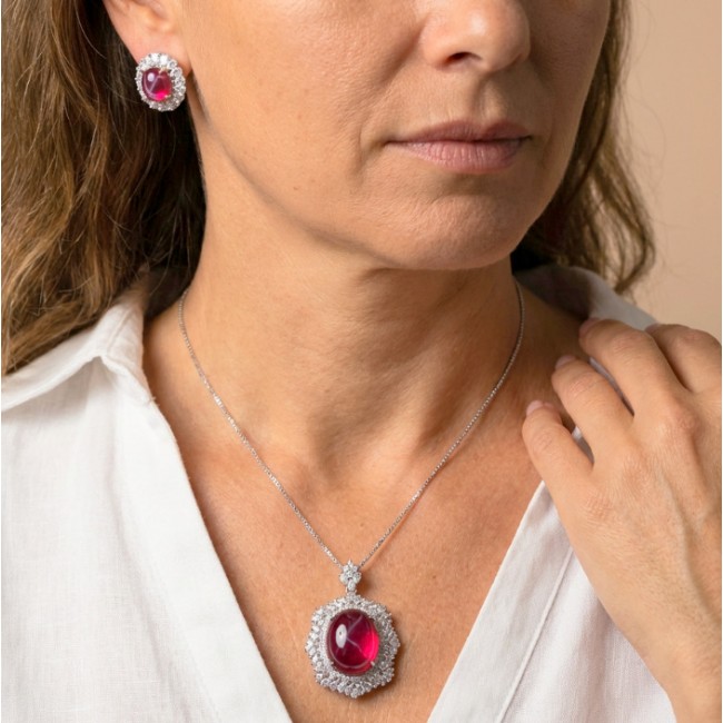 Red Cascade 37.2 carat Star Ruby .925 Sterling Silver .925 Sterling Silver Statement Necklace - Woman wearing Red Cascade star ruby necklace and earrings set.