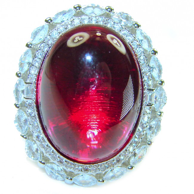 Bella Rosa Genuine 28.5 CARAT Star Ruby .925 Sterling Silver Large Statement Ring size 7 - Close-up of Bella Rosa 28.5 carat star ruby in sterling silver setting