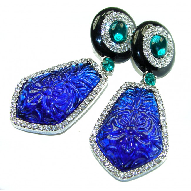 Art Deco - Very Unique 82.5 carat Blue Crystal .925 Sterling Silver handcrafted earrings - photo 3