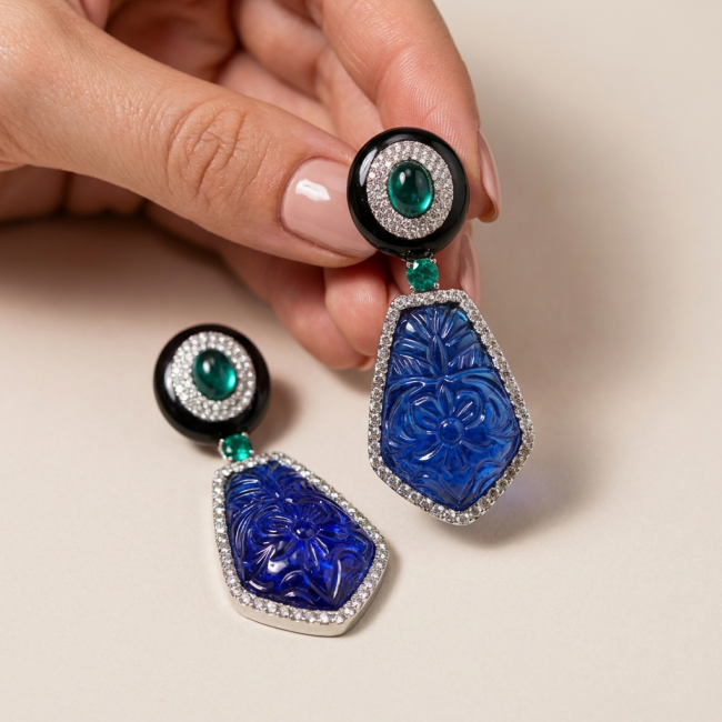 Art Deco - Very Unique 82.5 carat Blue Crystal .925 Sterling Silver handcrafted earrings - photo 1