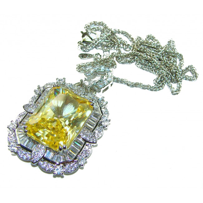 Baquette cut 28.5 carat YELLOW SAPPHIRE .925 Sterling Silver handcrafted necklace - Close-up of yellow sapphire necklace with sterling silver setting.