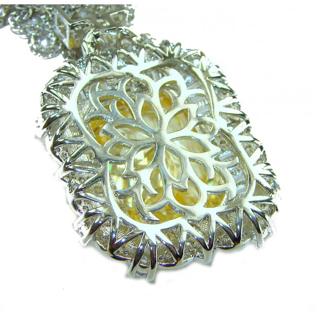Baquette cut 28.5 carat YELLOW SAPPHIRE .925 Sterling Silver handcrafted necklace - Close-up of 28.5 carat yellow sapphire in .925 sterling silver setting.