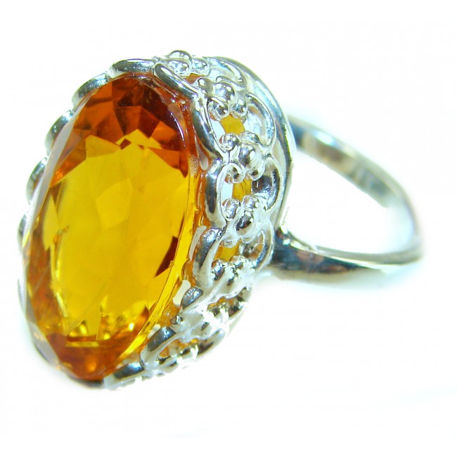 Solid 22.8 carat Genuine Lemon Quartz .925 Sterling Silver handcrafted ring size 8 - Side view of sterling silver ring with lemon quartz stone.