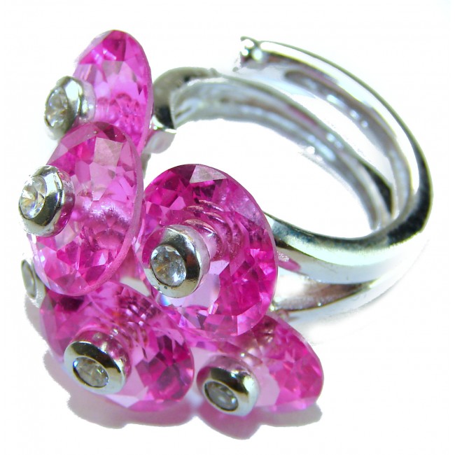 Six Flowers 25.8 carat Pink Sapphire .925 Silver handcrafted Cocktail Ring s. 8 adjustable