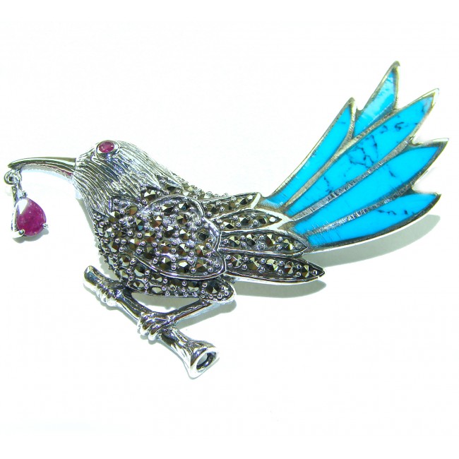 Blue Bird genuine INLAY Turquoise Marcasite .925 Sterling Silver handmade Brooch