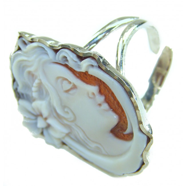 Italy made Exquisite real Cameo from Sea Shell 18K Gold over .925 Sterling Silver handcrafted Statement ring; s. 7 ADJUSTABLE