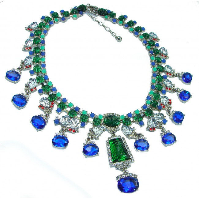 Giovanna 82.2 carat authentic Emerald rhodium over .925 Sterling Silver handcrafted Statement necklace