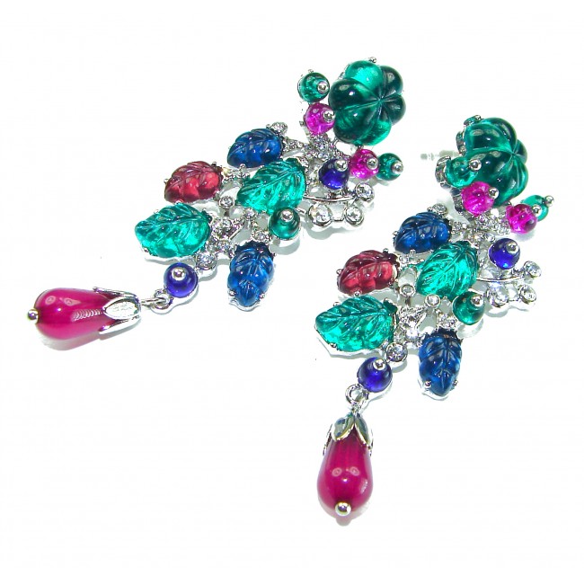 Esmeralda - Very Unique 60.5 carat Emerald Ruby Sapphire .925 Sterling Silver handcrafted earrings