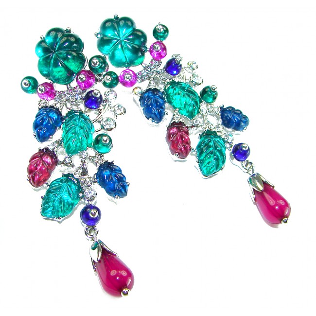 Esmeralda - Very Unique 60.5 carat Emerald Ruby Sapphire .925 Sterling Silver handcrafted earrings