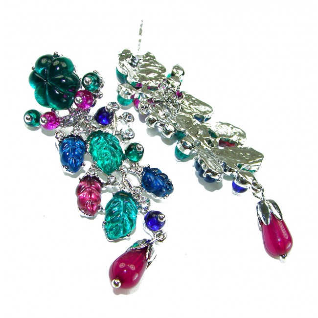 Esmeralda - Very Unique 60.5 carat Emerald Ruby Sapphire .925 Sterling Silver handcrafted earrings
