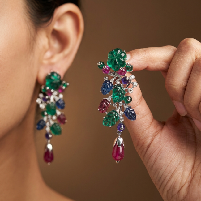 Esmeralda - Very Unique 60.5 carat Emerald Ruby Sapphire .925 Sterling Silver handcrafted earrings