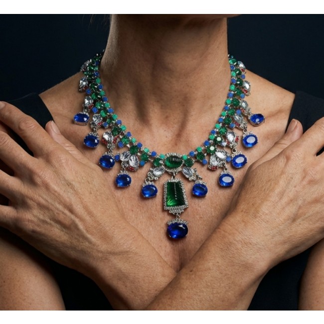 Giovanna 82.2 carat authentic Emerald rhodium over .925 Sterling Silver handcrafted Statement necklace