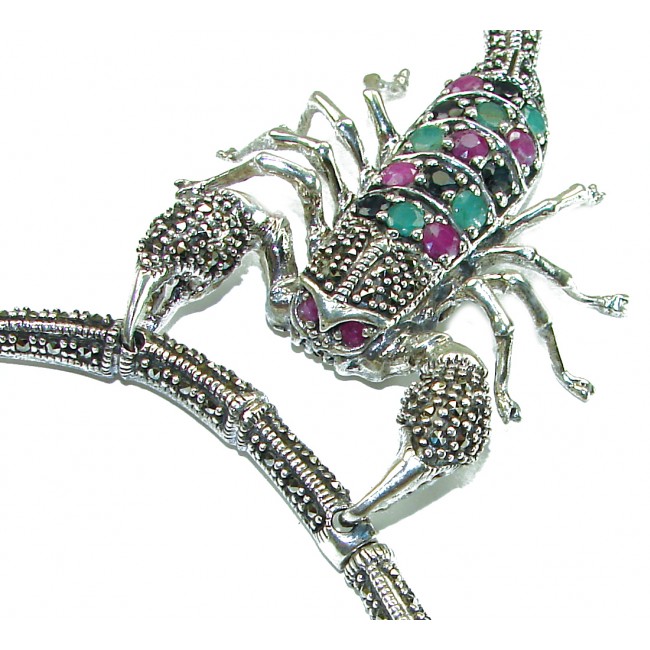 Large SCORPIO Genuine Ruby Emerald Marcasite .925 Sterling Silver handmade handcrafted Necklace