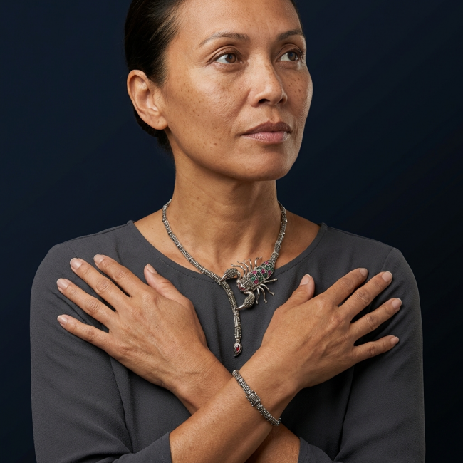 Large SCORPIO Genuine Ruby Emerald Marcasite .925 Sterling Silver handmade handcrafted Necklace