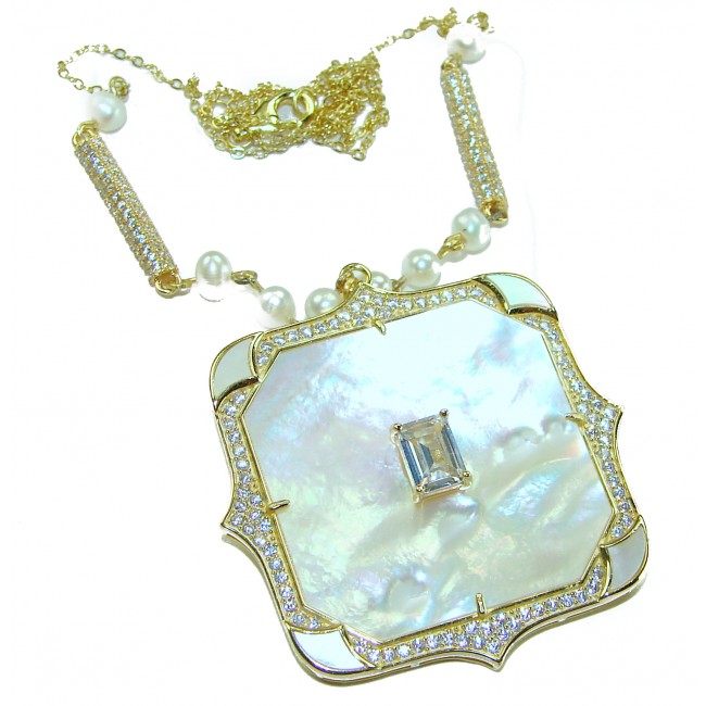 Precious natural creamy Blister Pearl 5.2 carat White Sapphire 18K Gold over .925 Sterling Silver Necklace