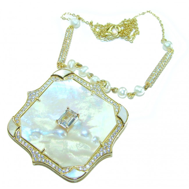 Precious natural creamy Blister Pearl 5.2 carat White Sapphire 18K Gold over .925 Sterling Silver Necklace