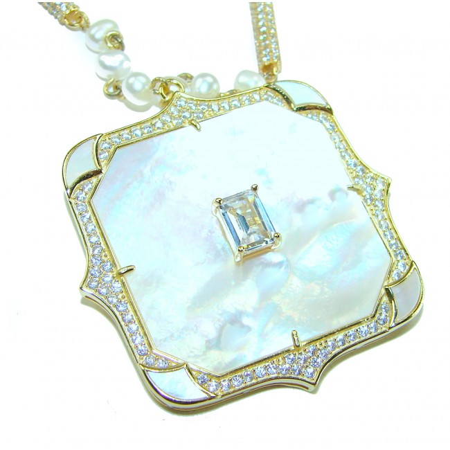 Precious natural creamy Blister Pearl 5.2 carat White Sapphire 18K Gold over .925 Sterling Silver Necklace
