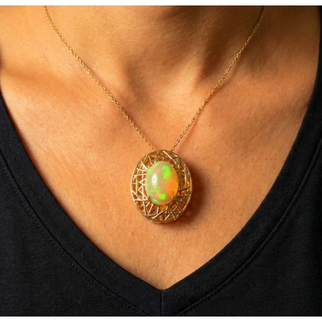 Earth Treasure Authentic 16.8 carat Golden Ethiopian Opal 22K Gold over .925 Sterling Silver handcrafted Statament Necklace