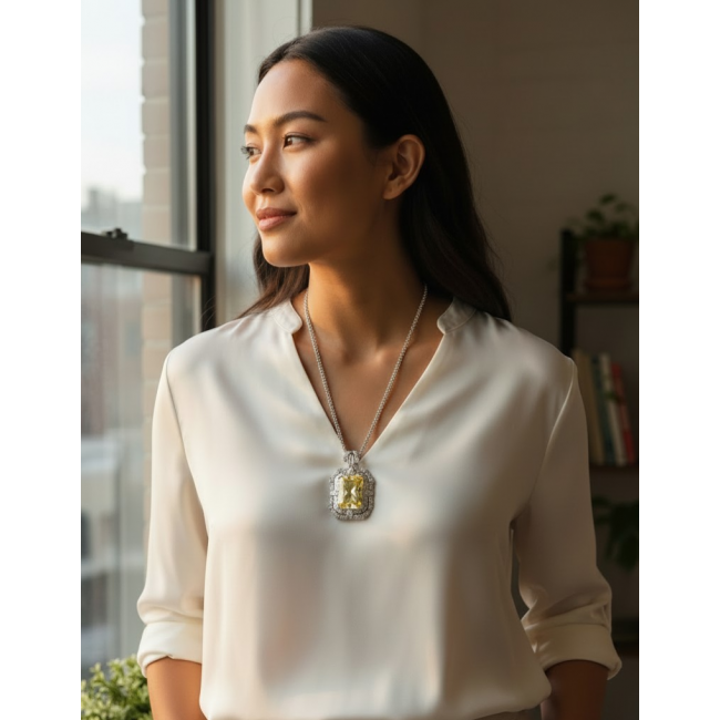 Baquette cut 28.5 carat YELLOW SAPPHIRE .925 Sterling Silver handcrafted necklace - Woman wearing a yellow sapphire necklace, side view