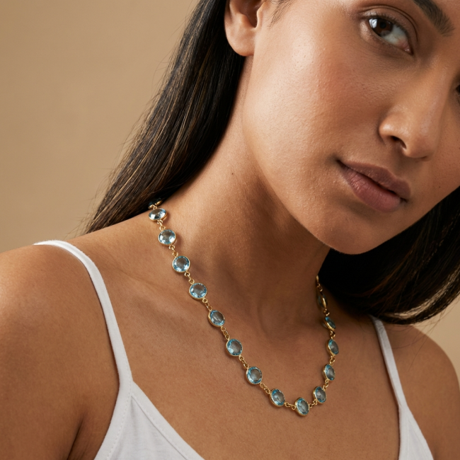 Atlantica 30.5 carat genuine round shape Swiss Blue Topaz 18K Gold over .925 Sterling Silver handmade Statement necklace - photo 1