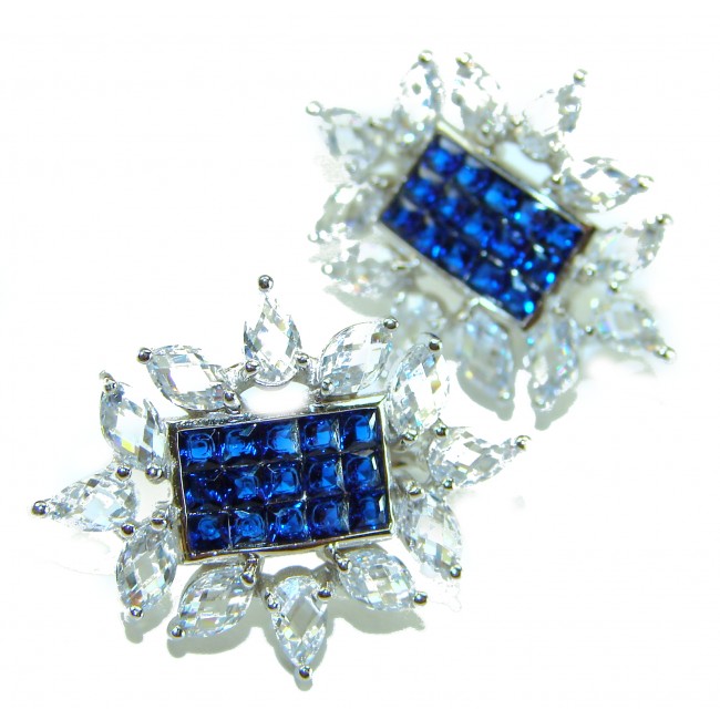 Born to Glam authentic 10.5 carat Sapphire .925 Sterling Silver handcrafted earrings - Close-up of Born to Glam sapphire earrings with clear accents