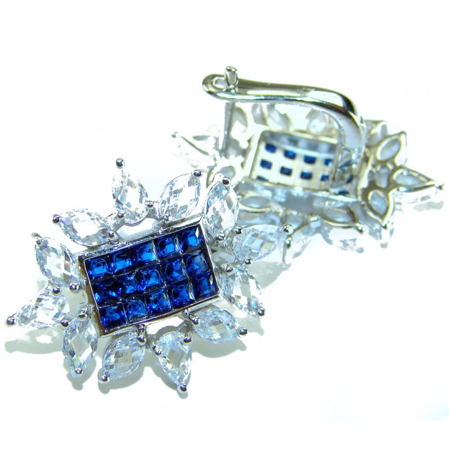 Born to Glam authentic 10.5 carat Sapphire .925 Sterling Silver handcrafted earrings - Close-up of Born to Glam sapphire and sterling earrings with clasp detail
