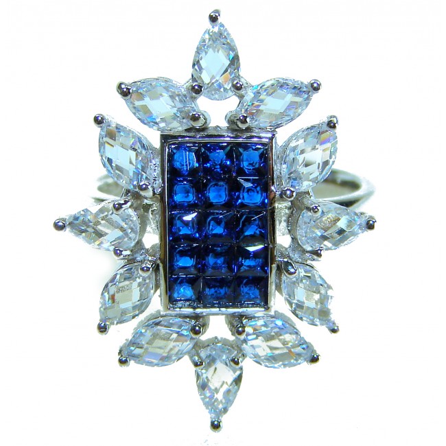Art Deco - Precious Sapphire - authentic 22.2 carat Sapphire .925 Sterling Silver Eternity Ring size 7 1/2 - Front view of Art Deco ring with 22.2 carat sapphire and clear stones.