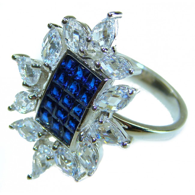 Art Deco - Precious Sapphire - authentic 22.2 carat Sapphire .925 Sterling Silver Eternity Ring size 7 1/2 - Side view of Art Deco ring with 22.2 carat sapphire and clear stones
