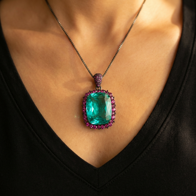 Authentic 22.2 carat Aquamarine Ruby Black rhodium over .925 Sterling Silver handmade necklace