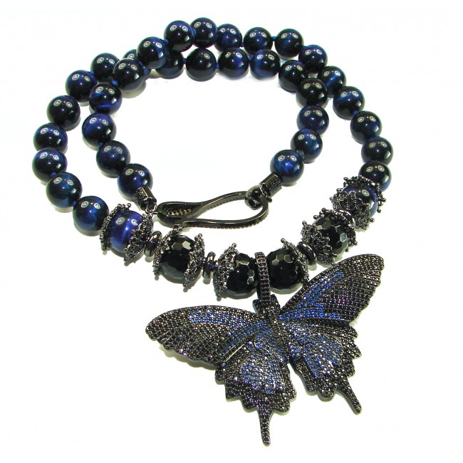 101.8 grams Blue Butterfly Rare Unusual Deep Blue Cats Eys Beads black rhodium over .925 Sterling Silver NECKLACE