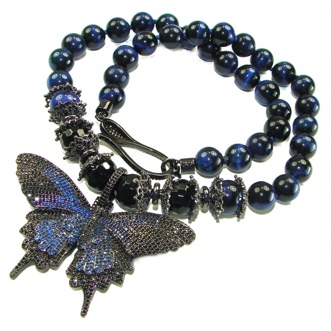 101.8 grams Blue Butterfly Rare Unusual Deep Blue Cats Eys Beads black rhodium over .925 Sterling Silver NECKLACE