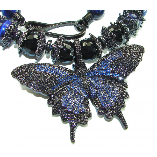 101.8 grams Blue Butterfly Rare Unusual Deep Blue Cats Eys Beads black rhodium over .925 Sterling Silver NECKLACE