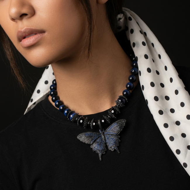 101.8 grams Blue Butterfly Rare Unusual Deep Blue Cats Eys Beads black rhodium over .925 Sterling Silver NECKLACE
