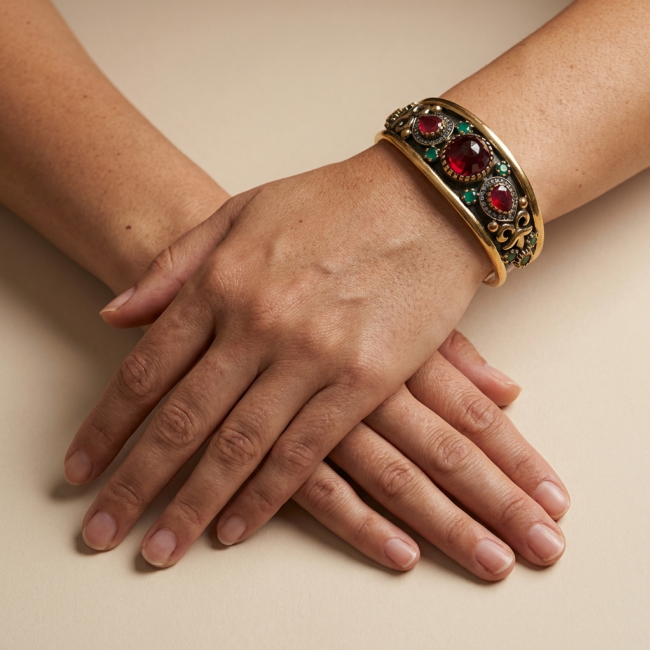 Victorian Style 22.5 carat Ruby & White Topaz .925 Sterling Silver Bracelet / Cuff