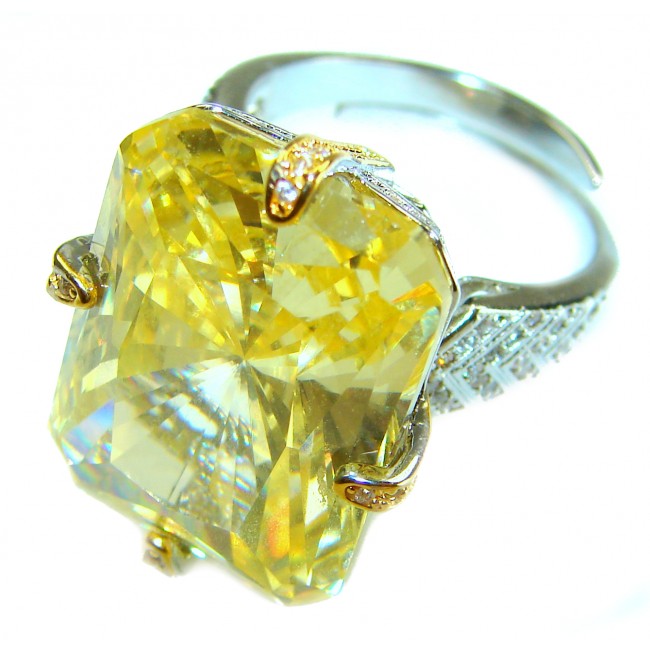 Solid 35.8 carat Genuine Yellow Sapphire 2 tones .925 Sterling Silver handcrafted ring size 7 adjustable - photo 3