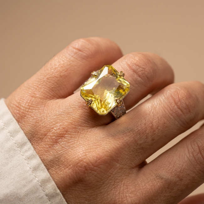 Solid 35.8 carat Genuine Yellow Sapphire 2 tones .925 Sterling Silver handcrafted ring size 7 adjustable - photo 2