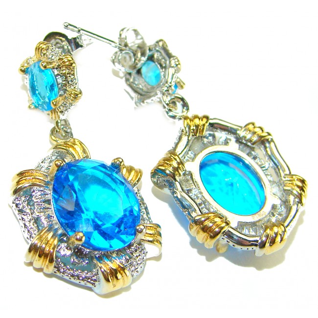 Atlantica 22.7 carat Swiss Blue Topaz 2 tones .925 Sterling Silver Handcrafted Statement earrings