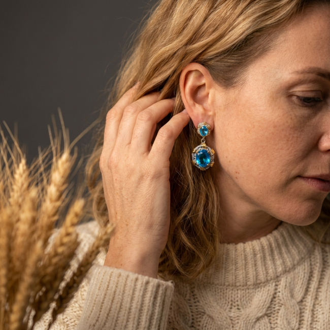 Atlantica 22.7 carat Swiss Blue Topaz 2 tones .925 Sterling Silver Handcrafted Statement earrings